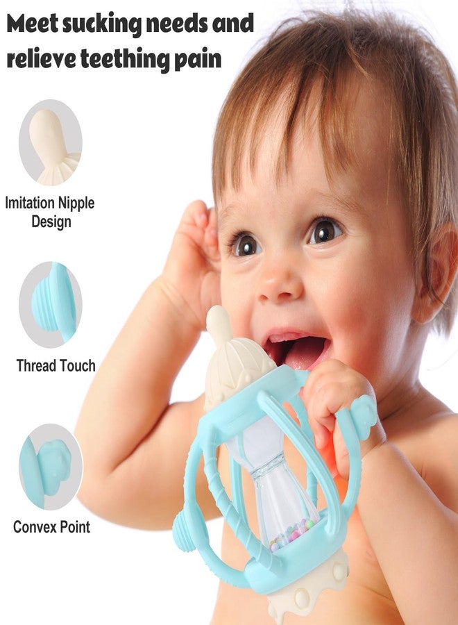 Socub Baby Rattle Teether Toys for 0-12 Months, 2-in-1 Sensory Hand Grasp Shaker with Soft Silicone Teething Ball & Pacifier, BPA Free Chew Toy for 6-12 Months, Newborn Gift for Boys and Girls (Blue) - Image 2